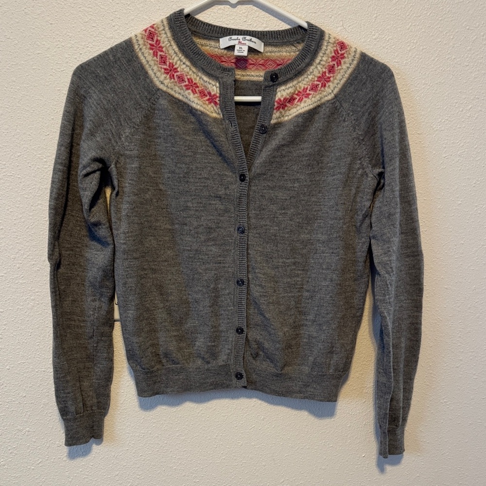 Brooks Brothers Gray Cardigan with Pink Fair Isle Pattern